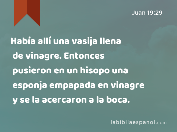 Había allí una vasija llena de vinagre. Entonces pusieron en un hisopo una esponja empapada en vinagre y se la acercaron a la boca. - Juan 19:29