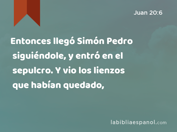 Entonces llegó Simón Pedro siguiéndole, y entró en el sepulcro. Y vio los lienzos que habían quedado, - Juan 20:6