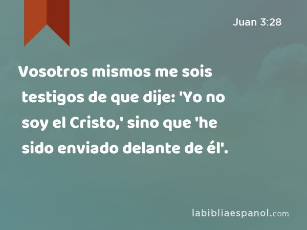 Vosotros mismos me sois testigos de que dije: 'Yo no soy el Cristo,' sino que 'he sido enviado delante de él'. - Juan 3:28