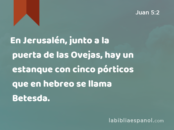 En Jerusalén, junto a la puerta de las Ovejas, hay un estanque con cinco pórticos que en hebreo se llama Betesda. - Juan 5:2