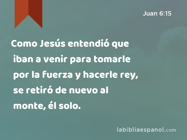 Como Jesús entendió que iban a venir para tomarle por la fuerza y hacerle rey, se retiró de nuevo al monte, él solo. - Juan 6:15