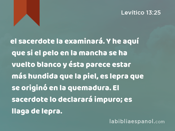 el sacerdote la examinará. Y he aquí que si el pelo en la mancha se ha vuelto blanco y ésta parece estar más hundida que la piel, es lepra que se originó en la quemadura. El sacerdote lo declarará impuro; es llaga de lepra. - Levítico 13:25