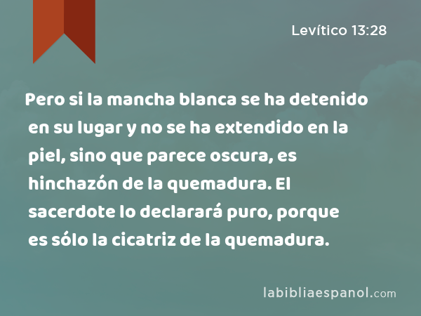 Pero si la mancha blanca se ha detenido en su lugar y no se ha extendido en la piel, sino que parece oscura, es hinchazón de la quemadura. El sacerdote lo declarará puro, porque es sólo la cicatriz de la quemadura. - Levítico 13:28