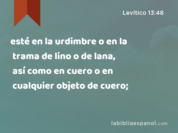 esté en la urdimbre o en la trama de lino o de lana, así como en cuero o en cualquier objeto de cuero; - Levítico 13:48