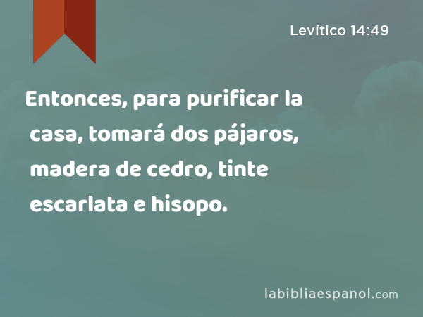 Entonces, para purificar la casa, tomará dos pájaros, madera de cedro, tinte escarlata e hisopo. - Levítico 14:49