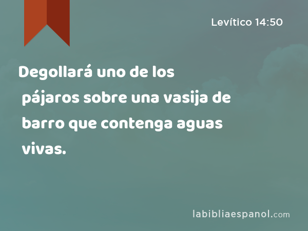 Degollará uno de los pájaros sobre una vasija de barro que contenga aguas vivas. - Levítico 14:50