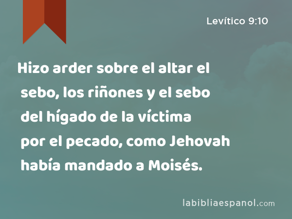 Hizo arder sobre el altar el sebo, los riñones y el sebo del hígado de la víctima por el pecado, como Jehovah había mandado a Moisés. - Levítico 9:10