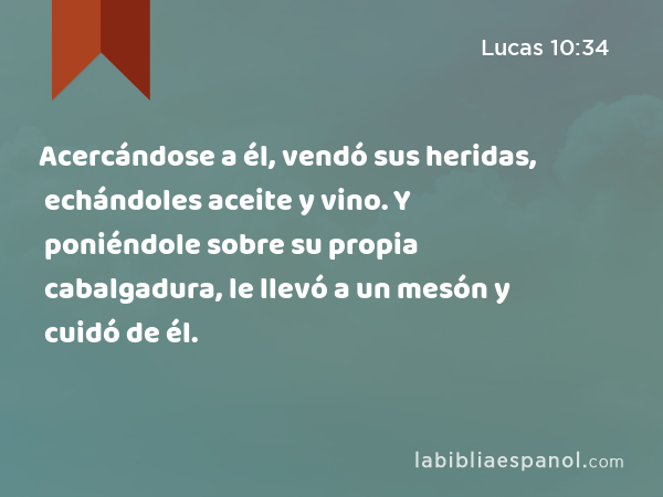 Acercándose a él, vendó sus heridas, echándoles aceite y vino. Y poniéndole sobre su propia cabalgadura, le llevó a un mesón y cuidó de él. - Lucas 10:34