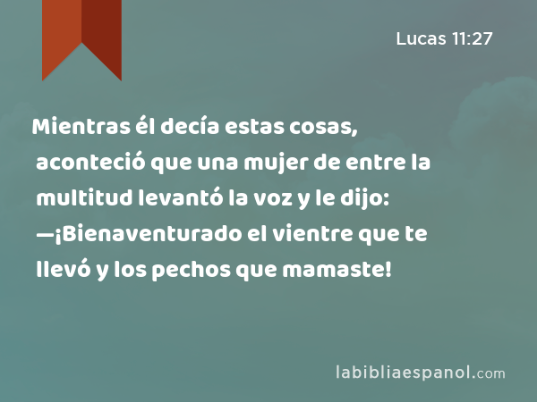 Mientras él decía estas cosas, aconteció que una mujer de entre la multitud levantó la voz y le dijo: —¡Bienaventurado el vientre que te llevó y los pechos que mamaste! - Lucas 11:27