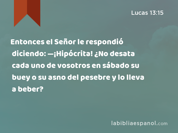 Entonces el Señor le respondió diciendo: —¡Hipócrita! ¿No desata cada uno de vosotros en sábado su buey o su asno del pesebre y lo lleva a beber? - Lucas 13:15