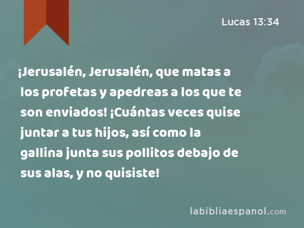 ¡Jerusalén, Jerusalén, que matas a los profetas y apedreas a los que te son enviados! ¡Cuántas veces quise juntar a tus hijos, así como la gallina junta sus pollitos debajo de sus alas, y no quisiste! - Lucas 13:34