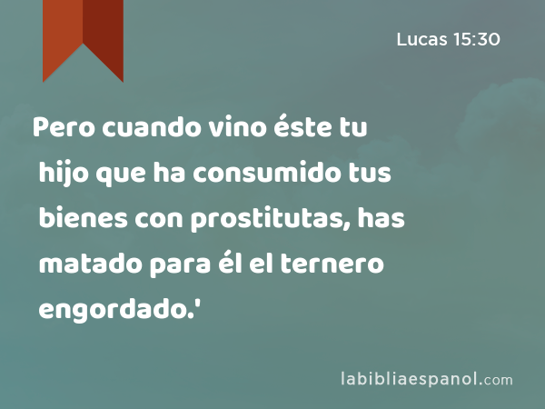 Pero cuando vino éste tu hijo que ha consumido tus bienes con prostitutas, has matado para él el ternero engordado.' - Lucas 15:30