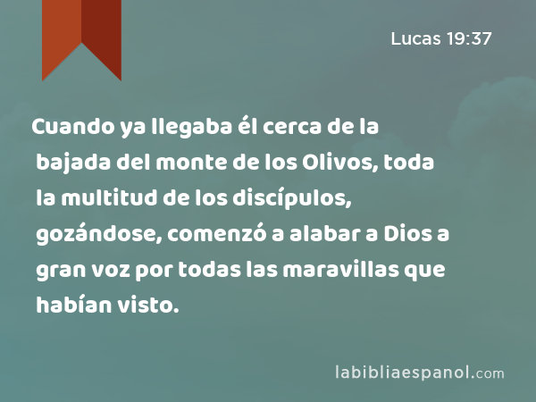 Cuando ya llegaba él cerca de la bajada del monte de los Olivos, toda la multitud de los discípulos, gozándose, comenzó a alabar a Dios a gran voz por todas las maravillas que habían visto. - Lucas 19:37