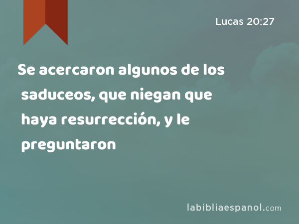 Se acercaron algunos de los saduceos, que niegan que haya resurrección, y le preguntaron - Lucas 20:27