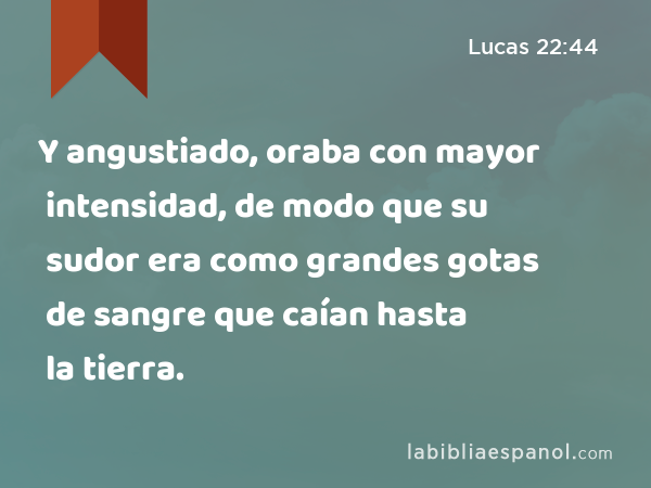 Y angustiado, oraba con mayor intensidad, de modo que su sudor era como grandes gotas de sangre que caían hasta la tierra. - Lucas 22:44