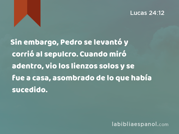 Sin embargo, Pedro se levantó y corrió al sepulcro. Cuando miró adentro, vio los lienzos solos y se fue a casa, asombrado de lo que había sucedido. - Lucas 24:12