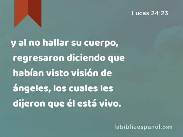 y al no hallar su cuerpo, regresaron diciendo que habían visto visión de ángeles, los cuales les dijeron que él está vivo. - Lucas 24:23