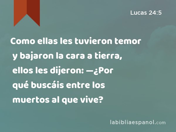 Como ellas les tuvieron temor y bajaron la cara a tierra, ellos les dijeron: —¿Por qué buscáis entre los muertos al que vive? - Lucas 24:5