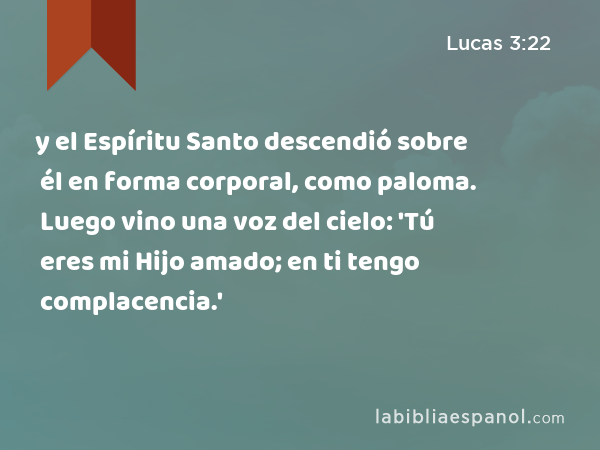 y el Espíritu Santo descendió sobre él en forma corporal, como paloma. Luego vino una voz del cielo: 'Tú eres mi Hijo amado; en ti tengo complacencia.' - Lucas 3:22