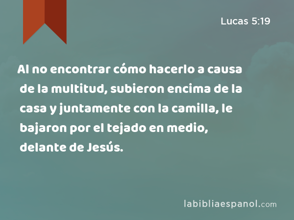 Al no encontrar cómo hacerlo a causa de la multitud, subieron encima de la casa y juntamente con la camilla, le bajaron por el tejado en medio, delante de Jesús. - Lucas 5:19