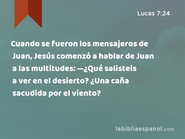 Cuando se fueron los mensajeros de Juan, Jesús comenzó a hablar de Juan a las multitudes: —¿Qué salisteis a ver en el desierto? ¿Una caña sacudida por el viento? - Lucas 7:24