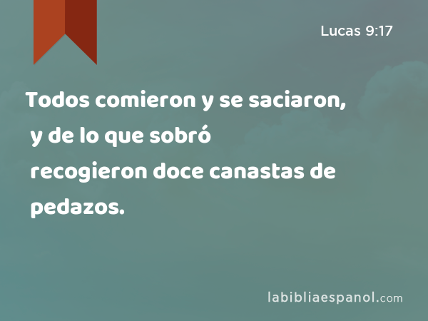 Todos comieron y se saciaron, y de lo que sobró recogieron doce canastas de pedazos. - Lucas 9:17