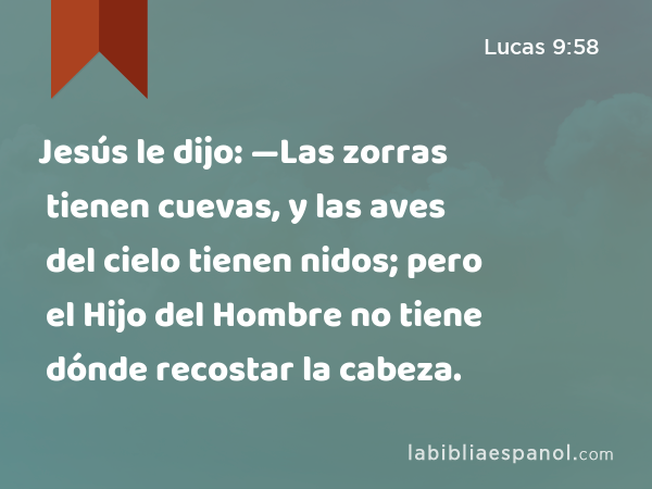 Jesús le dijo: —Las zorras tienen cuevas, y las aves del cielo tienen nidos; pero el Hijo del Hombre no tiene dónde recostar la cabeza. - Lucas 9:58