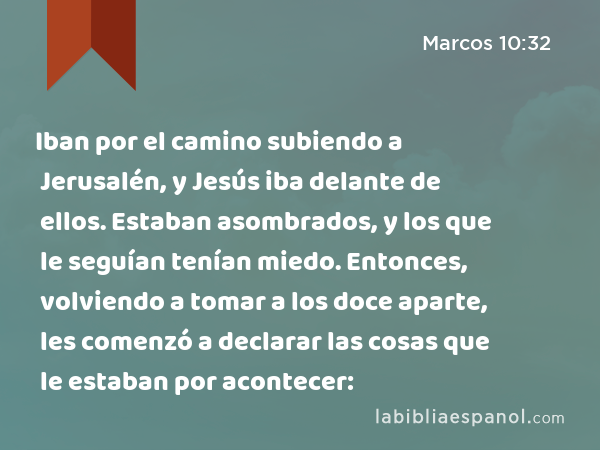 Iban por el camino subiendo a Jerusalén, y Jesús iba delante de ellos. Estaban asombrados, y los que le seguían tenían miedo. Entonces, volviendo a tomar a los doce aparte, les comenzó a declarar las cosas que le estaban por acontecer: - Marcos 10:32