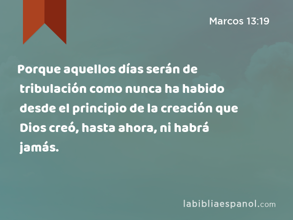 Porque aquellos días serán de tribulación como nunca ha habido desde el principio de la creación que Dios creó, hasta ahora, ni habrá jamás. - Marcos 13:19