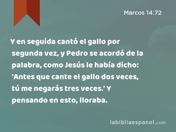 Y en seguida cantó el gallo por segunda vez, y Pedro se acordó de la palabra, como Jesús le había dicho: 'Antes que cante el gallo dos veces, tú me negarás tres veces.' Y pensando en esto, lloraba. - Marcos 14:72