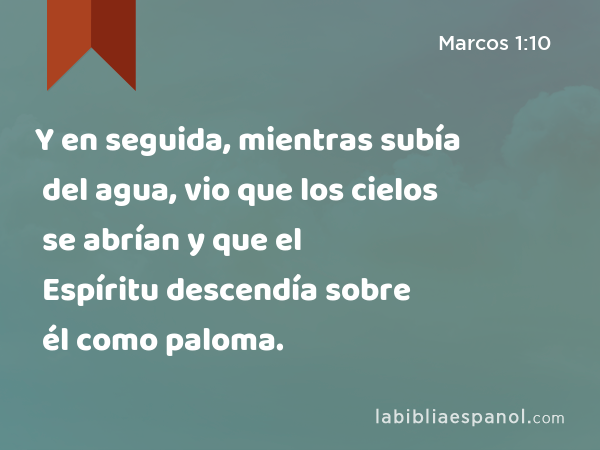 Y en seguida, mientras subía del agua, vio que los cielos se abrían y que el Espíritu descendía sobre él como paloma. - Marcos 1:10