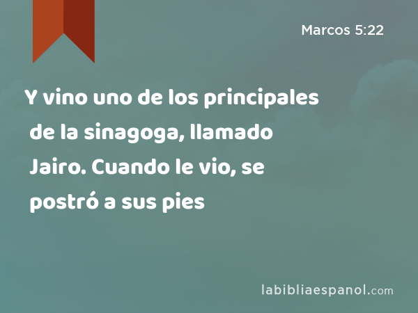 Y vino uno de los principales de la sinagoga, llamado Jairo. Cuando le vio, se postró a sus pies - Marcos 5:22