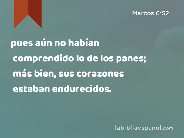 pues aún no habían comprendido lo de los panes; más bien, sus corazones estaban endurecidos. - Marcos 6:52