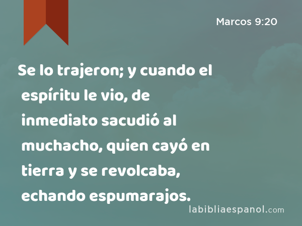 Se lo trajeron; y cuando el espíritu le vio, de inmediato sacudió al muchacho, quien cayó en tierra y se revolcaba, echando espumarajos. - Marcos 9:20