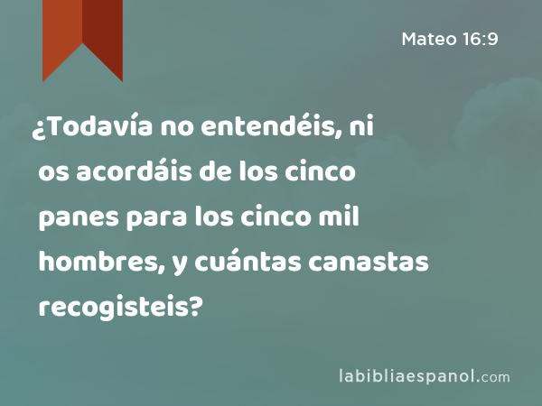 ¿Todavía no entendéis, ni os acordáis de los cinco panes para los cinco mil hombres, y cuántas canastas recogisteis? - Mateo 16:9