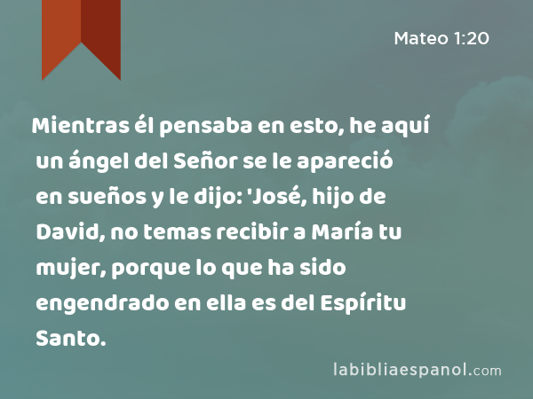 Mientras él pensaba en esto, he aquí un ángel del Señor se le apareció en sueños y le dijo: 'José, hijo de David, no temas recibir a María tu mujer, porque lo que ha sido engendrado en ella es del Espíritu Santo. - Mateo 1:20