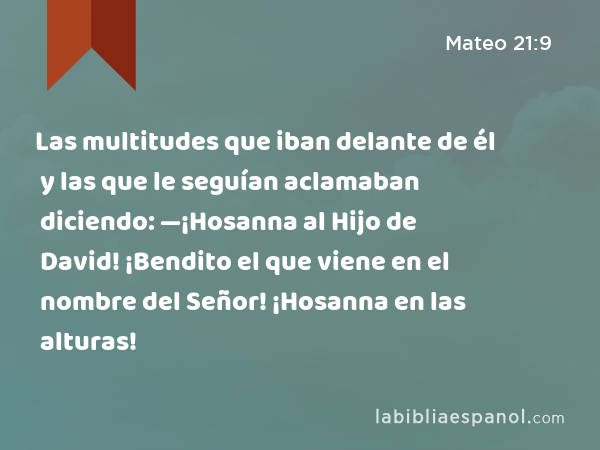 Las multitudes que iban delante de él y las que le seguían aclamaban diciendo: —¡Hosanna al Hijo de David! ¡Bendito el que viene en el nombre del Señor! ¡Hosanna en las alturas! - Mateo 21:9