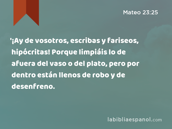 '¡Ay de vosotros, escribas y fariseos, hipócritas! Porque limpiáis lo de afuera del vaso o del plato, pero por dentro están llenos de robo y de desenfreno. - Mateo 23:25