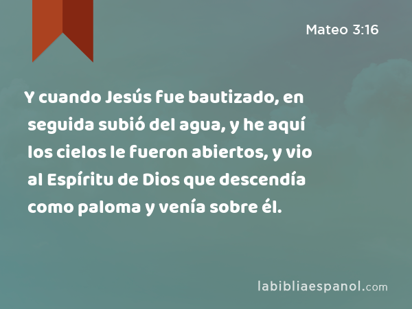 Y cuando Jesús fue bautizado, en seguida subió del agua, y he aquí los cielos le fueron abiertos, y vio al Espíritu de Dios que descendía como paloma y venía sobre él. - Mateo 3:16