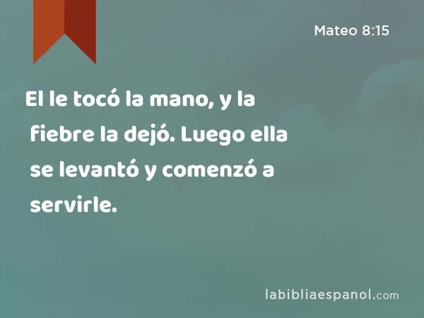 El le tocó la mano, y la fiebre la dejó. Luego ella se levantó y comenzó a servirle. - Mateo 8:15