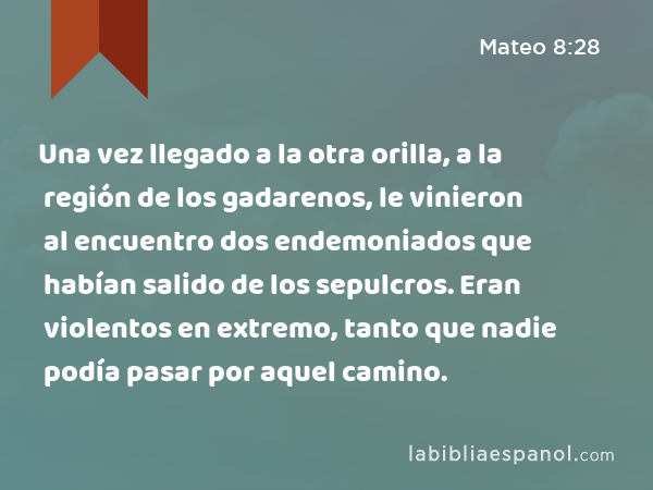 Una vez llegado a la otra orilla, a la región de los gadarenos, le vinieron al encuentro dos endemoniados que habían salido de los sepulcros. Eran violentos en extremo, tanto que nadie podía pasar por aquel camino. - Mateo 8:28