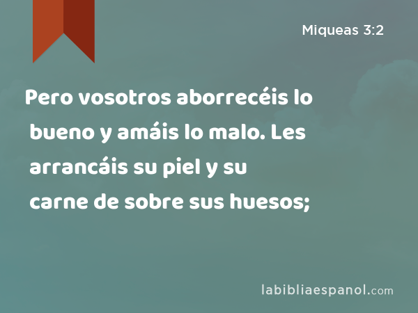 Pero vosotros aborrecéis lo bueno y amáis lo malo. Les arrancáis su piel y su carne de sobre sus huesos; - Miqueas 3:2