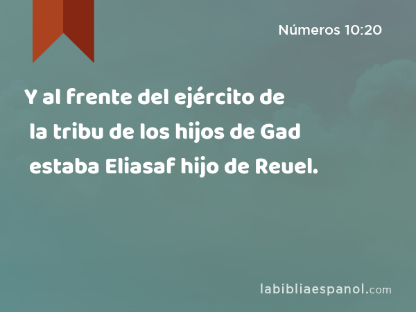 Y al frente del ejército de la tribu de los hijos de Gad estaba Eliasaf hijo de Reuel. - Números 10:20