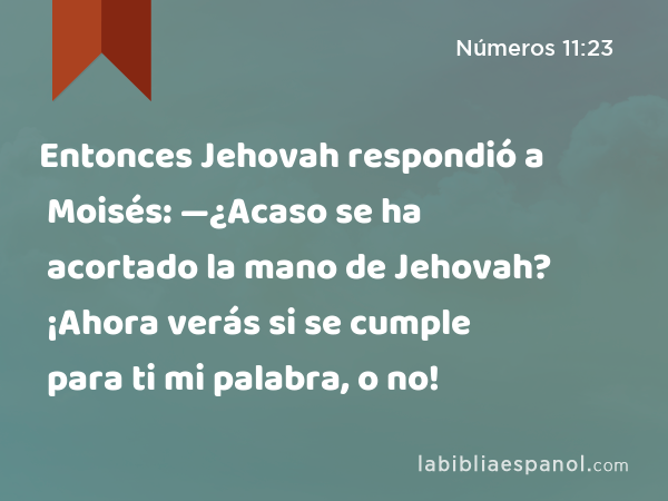 Entonces Jehovah respondió a Moisés: —¿Acaso se ha acortado la mano de Jehovah? ¡Ahora verás si se cumple para ti mi palabra, o no! - Números 11:23