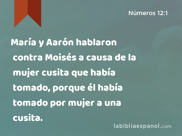 María y Aarón hablaron contra Moisés a causa de la mujer cusita que había tomado, porque él había tomado por mujer a una cusita. - Números 12:1