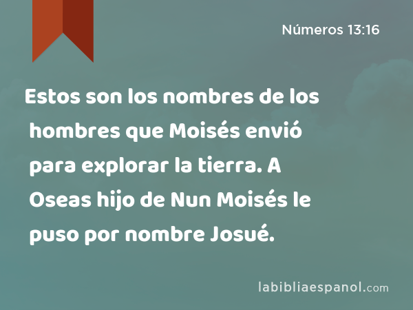 Estos son los nombres de los hombres que Moisés envió para explorar la tierra. A Oseas hijo de Nun Moisés le puso por nombre Josué. - Números 13:16