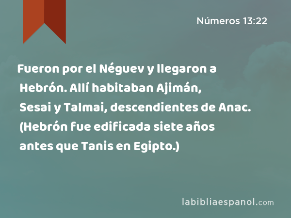 Fueron por el Néguev y llegaron a Hebrón. Allí habitaban Ajimán, Sesai y Talmai, descendientes de Anac. (Hebrón fue edificada siete años antes que Tanis en Egipto.) - Números 13:22