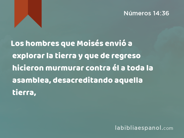 Los hombres que Moisés envió a explorar la tierra y que de regreso hicieron murmurar contra él a toda la asamblea, desacreditando aquella tierra, - Números 14:36