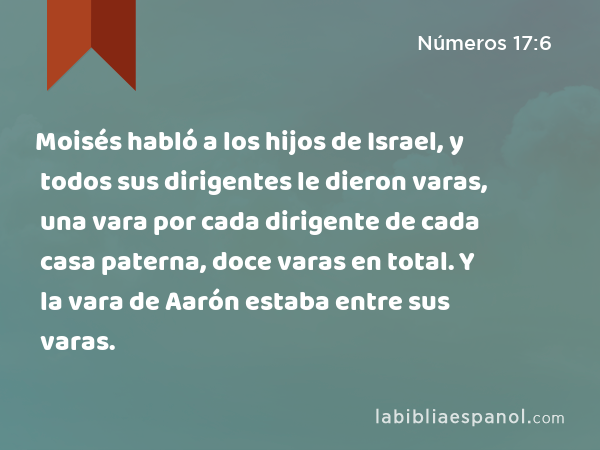 Moisés habló a los hijos de Israel, y todos sus dirigentes le dieron varas, una vara por cada dirigente de cada casa paterna, doce varas en total. Y la vara de Aarón estaba entre sus varas. - Números 17:6