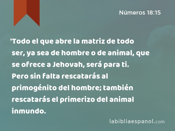 'Todo el que abre la matriz de todo ser, ya sea de hombre o de animal, que se ofrece a Jehovah, será para ti. Pero sin falta rescatarás al primogénito del hombre; también rescatarás el primerizo del animal inmundo. - Números 18:15